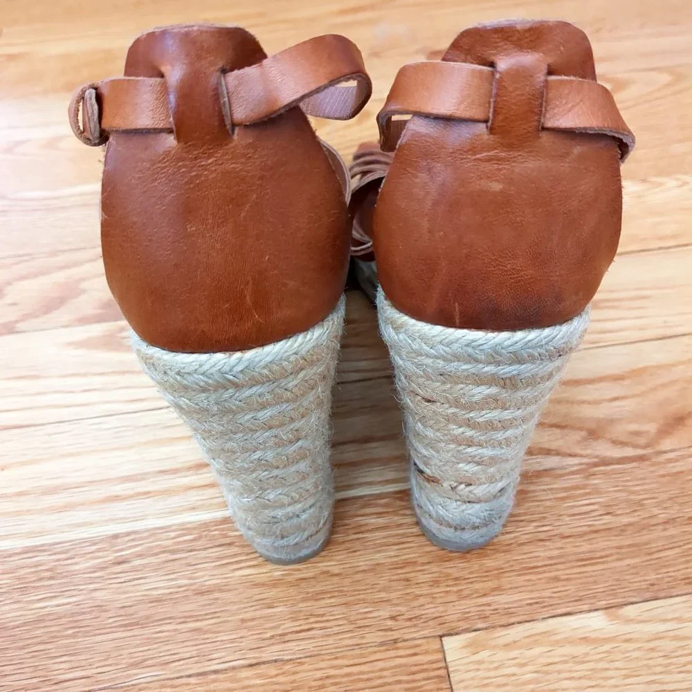 [SOLD] Coach Cognac Brown Leather Caged T-Strap Espadrille Wedge Strappy Sandals - Picture 7 of 16